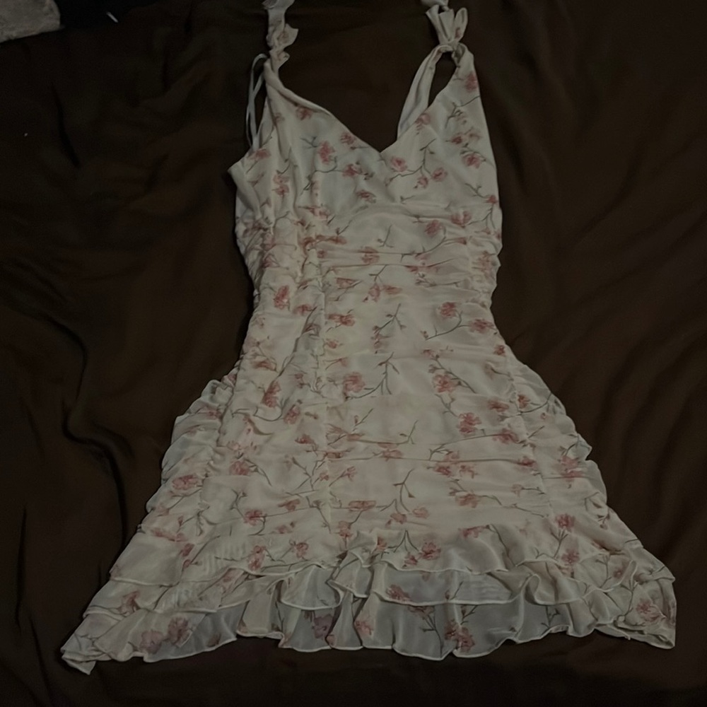 Midi dress, floral, white with pink flowers